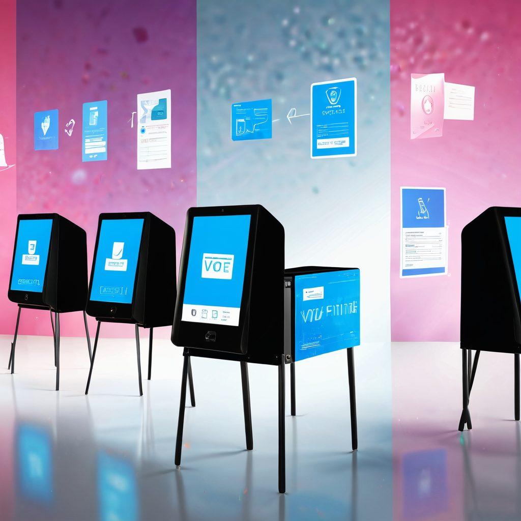 A conceptual collage showcasing the transition from traditional polling places to digital voting. On one side, highlight a classic polling station with voters casting ballots, and on the other, a sleek, modern device displaying a voting app interface. Intertwine elements like digital screens and ballots merging into pixels, symbolizing this evolution. Include an ethereal background with voting icons and symbols floating in the air. vibrant colors. 3D. modern design.