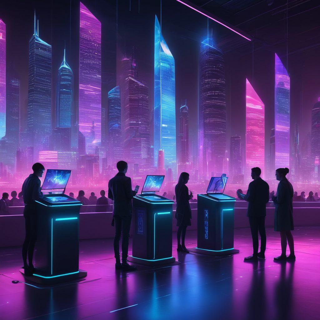 A futuristic polling station with citizens casting e-votes on sleek digital devices, surrounded by vibrant holographic screens displaying democratic symbols and statistics. Include a blend of diverse individuals engaging in this modern process, with a backdrop of a city skyline representing progress and innovation. The atmosphere should evoke a sense of hope and empowerment through technology. neon colors. cyberpunk.