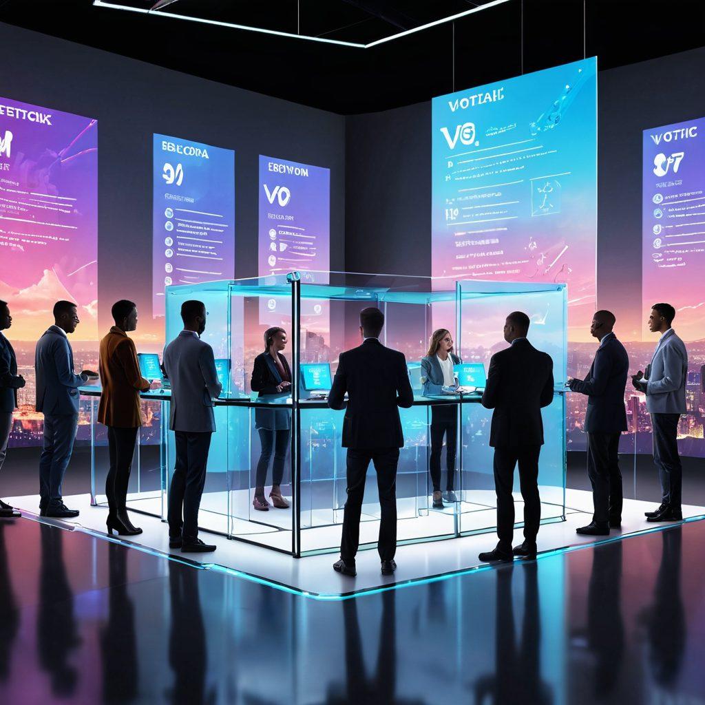 A futuristic digital voting booth with holographic displays of ballots and transparent security features, surrounded by diverse citizens engaging in the voting process. In the background, a vibrant skyline symbolizing progress and democracy. The scene conveys an atmosphere of trust and innovation. bright colors, 3D rendering, sleek design.